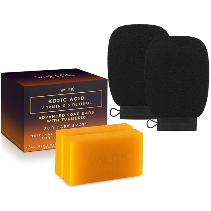 VALITIC 2 Pack Kojic Acid Vitamin C & Retinol Soap Bars for Dark Spot Bundle with 2 Black Exfoliating Gloves for Body Scrubs