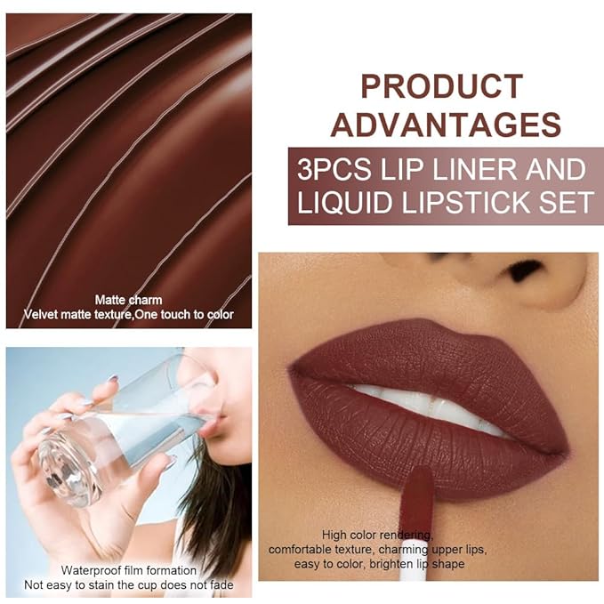 3Pcs 2 in 1 Chocolate Nude Brown True Nude Matte Lip Liner and Liquid Lipstick Stain Makeup Set for women, Long Lasting Smudge Proof Lip Tint Matte Finish Lip Gloss for All-Day Color Hold Set33