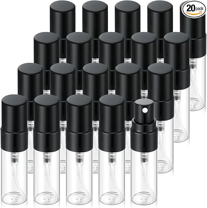 20Pcs 3ml Empty Clear Glass Mist Spray Bottle Refillable Mini Perfume Atomizer Travel Sample Bottle with Black Aluminized Nozzle Makeup Container for Perfume (3ml Black Caps)