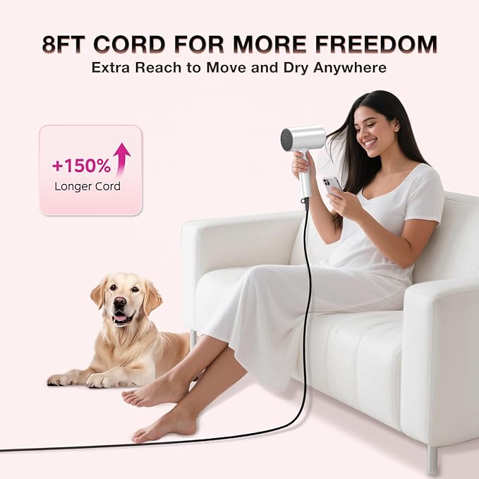 Blow Dryer with Diffuser, 1875W Fast-Drying, Foldable, Ionic Turbo Hair Dryer with Diffuser & Concentrator Nozzle, Compact, 3 Heat & 2 Speed Settings, 8FT Cord for Home Salon, White