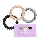 OLESILK Silk Hair Ties for Women: 100% Mulberry Skinny Silk Scrunchies, Soft Smooth No Damage No Crease for Thin Fine Curly Hair 3 Pack, Multi-2