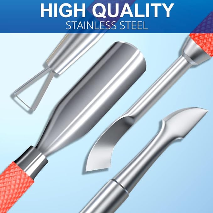 2PCS Metal Red Cuticle Pusher and Cutter Remover Salon Quality Stainless Steel Gel Nail Polish Peeler Scraper Durable Manicure and Pedicure Cleaner Tool For Fingernail and Toenail