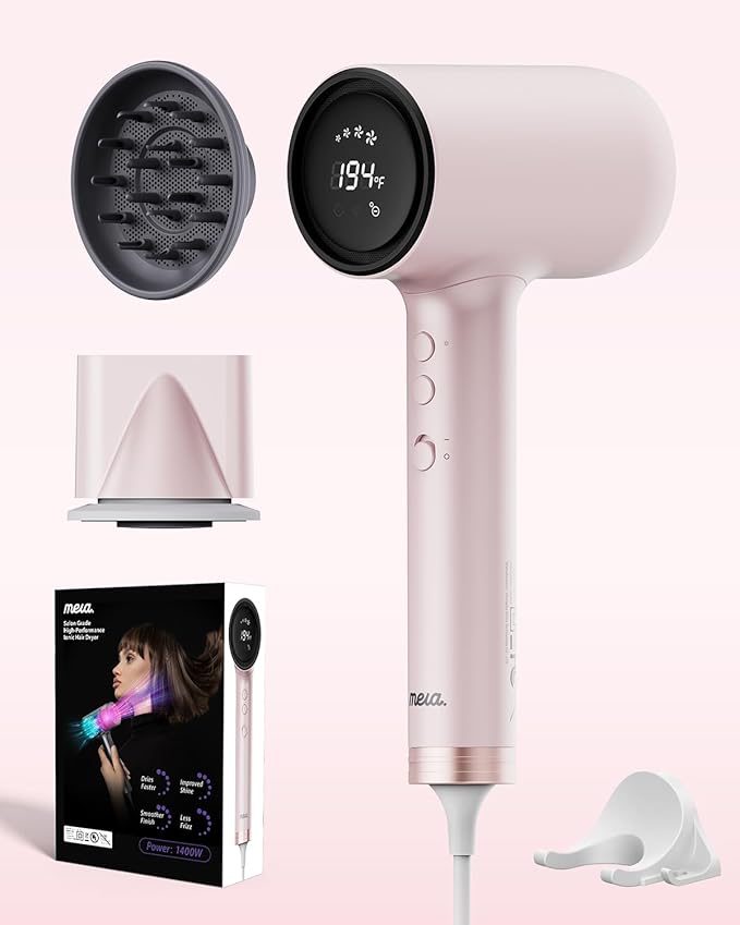 Professional Hair Dryer with Diffuser (Mera ProMax Ionic-X) - Fast Drying, Anti-Static Blowdryer Full Tool Set for Women & Stylists, 1-Button Cooling Mode, cUL Certified, Self-Cleaning, LED Screen