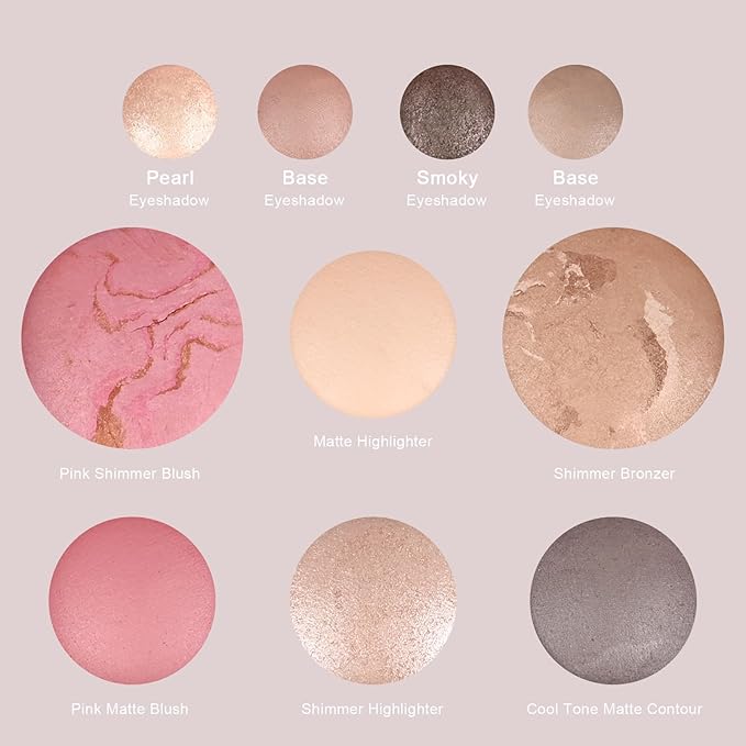 All in One Baked Makeup Palette wiht Bronzer, Highlighter, Blush and Eyeshadow, Highly Pigmented, Long Lasting Travel Compact, Baking Makeup Palette Gift for Women