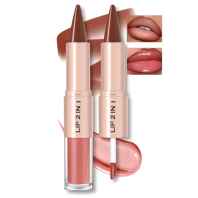 Lip Liner Gloss Lip Combo Set, 2 in 1 Lip Duo Natural Nude Lip Liner Lipstick Glossy Nourishing Coral Dew Gloss Lip Kit,Smooth Quick Fuller Plumping Juicy Lip Makeup for Women04#Mellow Papaya