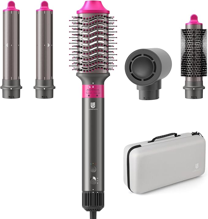 5 in 1 Hot Air Brush Hair Dryer Air Styler - 110,000 RPM Fast Drying, Curling, Straightening with Ceramic Coating & Negative Ion, No Heat Damage for All Hair Types, Includes Travel Case (Red)