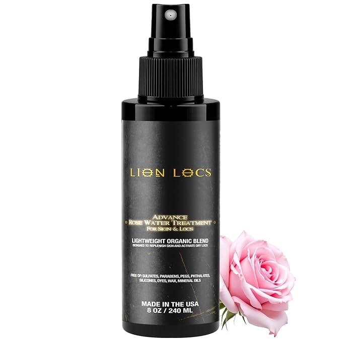 Lion Locs Rosewater Spray for Dreads, Dreadlocks, Braids, Faux, Crochet, Sisterlocks with Aloe, Essential Oils, Vitamins, and Glycerin | Organic Vegan Conditioner Rose Water Spritz (8 oz.)