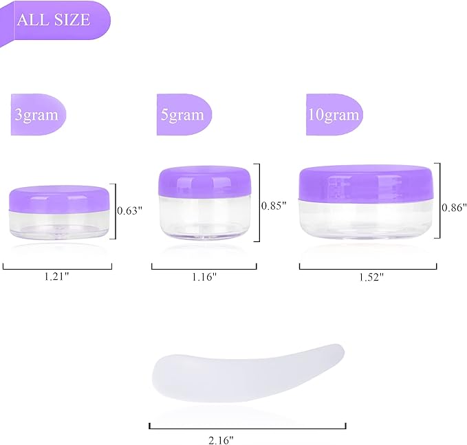 25PCS 5 Gram Sample Containers, 5ml Empty Jars with Lids, Small Cosmetic Containers, Mini Sample Jars with 2PCS Mini Spatulas for Make Up, Oils, Lotion, Powder, Paint, Jewelry, Lip Balms(Purple Lid)