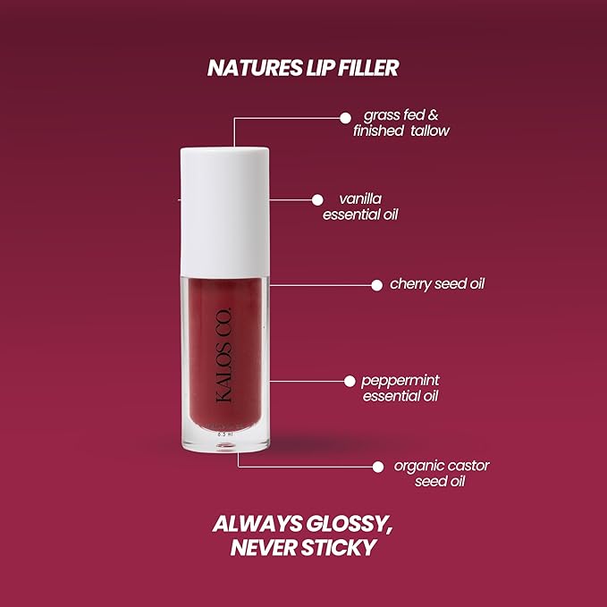 Tinted Lip Oil with Tallow & Lanolin – Hydrating Balm-Gloss Hybrid with Cherry Seed Oil & Castor Oil – Natural Mineral Pigments, Nourishing Moisture, Non-Sticky Shine (5 Shades) (Cherry)
