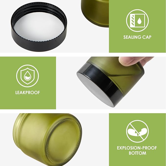 2oz Jars with Lids, HOA Kinh 24 Pack Green Frosted Glass Jars with Lids Empty Cosmetic Containers Round Airtight Glass Jar with Black Lids for Storing Lotions Powders Ointments