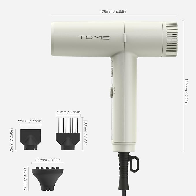 TOME 1875W Hair Dryer High Speed Motor Brushless 110000 RPM Blow Dryer Negative Ionic Cool Shot Lock with Diffuser Comb Nozzle Light Weight