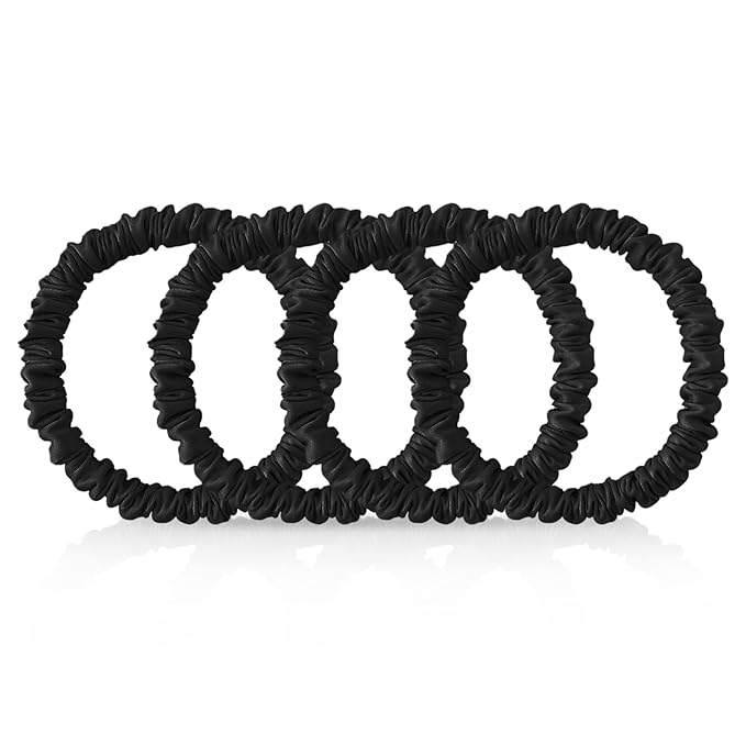4Pcs Mulberry Silk Scrunchies & Hair Ties - No Crease Skinny Scrunchies Elastic Set for Women All Hair Types, Reduces Breakage (Black)