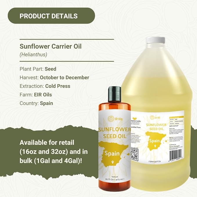 Sunflower Carrier Oil (4Gal) - Direct from EIR Oils' Farmland in the Sunny Fields of Spain - 100% Pure Carrier Oil for Hair, Face, and Skin
