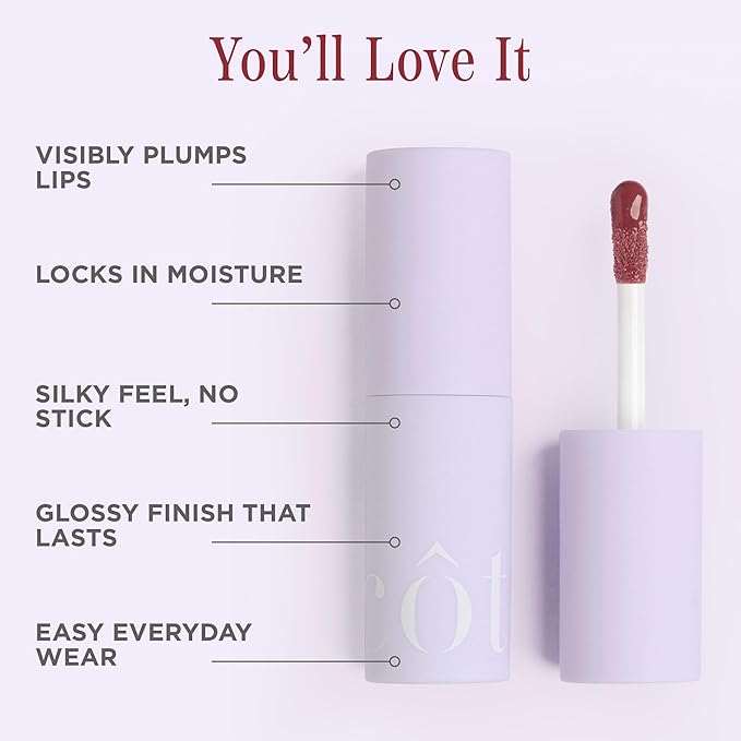 Cote Beauty's Mulberry Peptide Lip Shine, Ultra Hydrating & Long-Lasting Mauve Plumping Lip Gloss for Women with Hyaluronic Acid, Shea Butter & Jojoba Oil, Vegan & Cruelty-Free, 0.12 Fl Oz