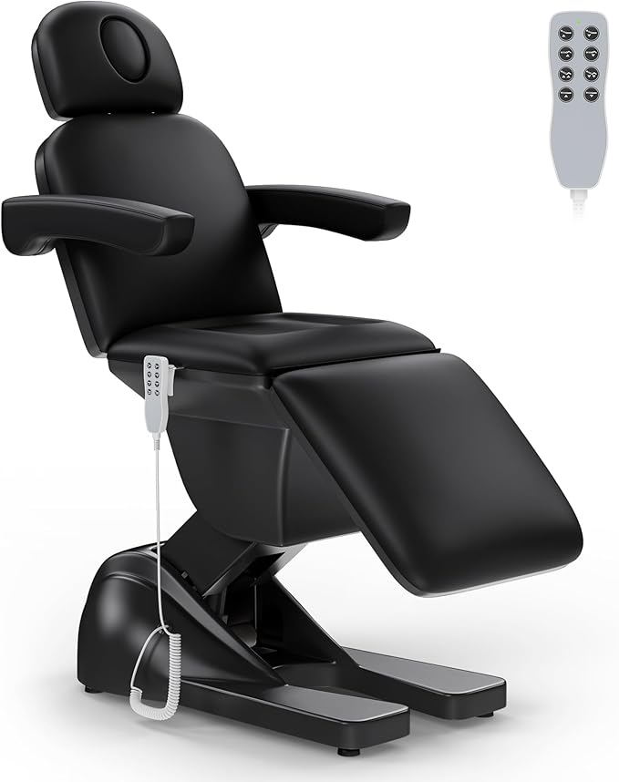 3 Motor Electric Esthetician Bed, Fully Electric Facial Chair with Adjustable Height, Backrest and Footrest, Spa Chair with Armrest & Heavy Duty Base, PU Leather for Spa, Tattoo, Eyelash and So On
