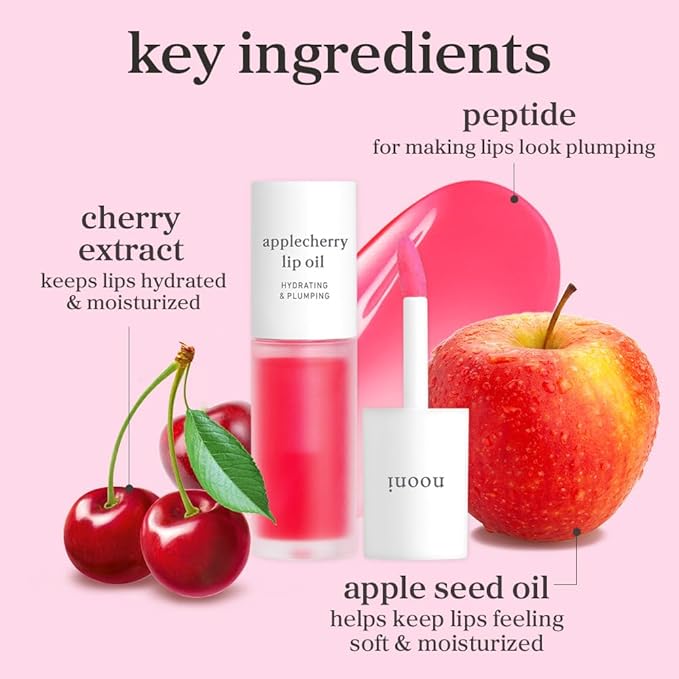 NOONI Korean Lip Oil - Applecherry | Long-Lasting, Moisturizing, Plumping, Revitalizing for Dry Lips, Waterproof, No Peel Off, Hydrating, Nourishing Crystal Clear, Stocking Stuffers, 0.12 FL Oz