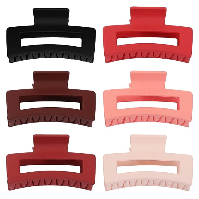 3.5 Inch Medium Hair Claw Clips 6 Pack Hair Clips for Women Square Rectangle Claw for Hair Banana Jaw Clips Hair Accessories for Girls -Red