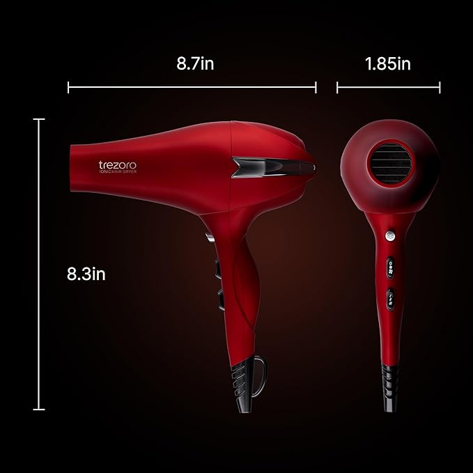 TREZORO Professional Blow Dryer for Women – Ionic Hair Dryer 2000W for Salon & Personal Use – Powerful, Fast & Quiet Drying for Curly Hair, Unwanted Frizz – Design for Travel – 8.2ft Cord – Red