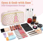 Personalized Travel Makeup Bag Set,Initial Travel Cute Floral Makeup Organizer Bag,Toiletry Skincare Cosmetic Bag,Valentine’s Day Gifts for Women/Girls,Open Flat Toiletry Pouch with Brush Pocket-S