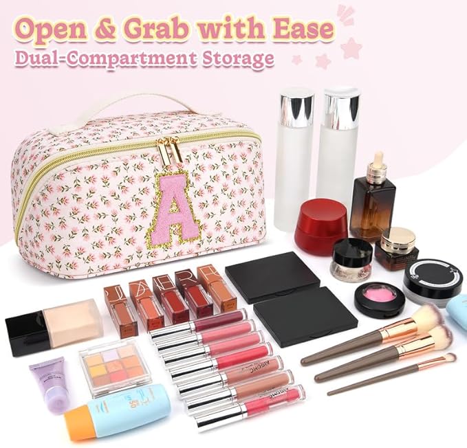 Personalized Travel Makeup Bag Set,Initial Travel Cute Floral Makeup Organizer Bag,Toiletry Skincare Cosmetic Bag,Valentine’s Day Gifts for Women/Girls,Open Flat Toiletry Pouch with Brush Pocket-S