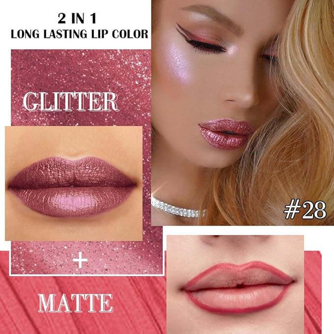 Kaely 2-in-1 Light Plum Red Metallic Lipstick and Lip Liner Makeup, Shimmer Liquid Metallic Lipsticks for Women, Glitter Lip Gloss Stain Long Lasting Waterproof Smudge Proof 24 Hour, Cruelty-Free 28