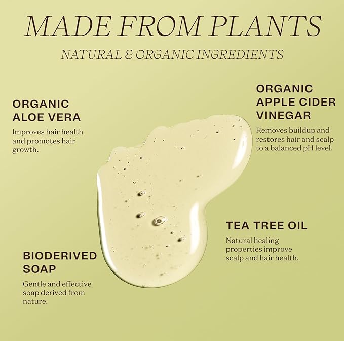 Ingreendients Natural Shampoo With Organic Ingredients - Sulfate Free, Color Safe, Non Toxic With Tea Tree Oil & Apple Cider Vinegar, Vegan, Gluten Free, pH Balanced