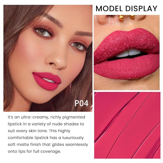 evpct 1Pcs Red Pink Lipstick, Silky Velvet Matte Lipstick Pack Sets for Women, Long Lasting Smudge Proof Lipstick Lip Stain Makeup Kit matte lipstick 24 hours original P04