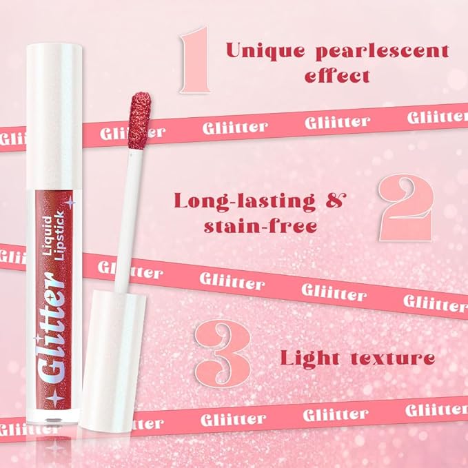 AMY'S DIARY Cherry Red Glitter Liquid Lipstick, Shimmer Metallic Lip Gloss, Long-Lasting Waterproof Lip Color, High Shine Sparkle Makeup,Lip makeup for woman (Sunset Bronze 9#)