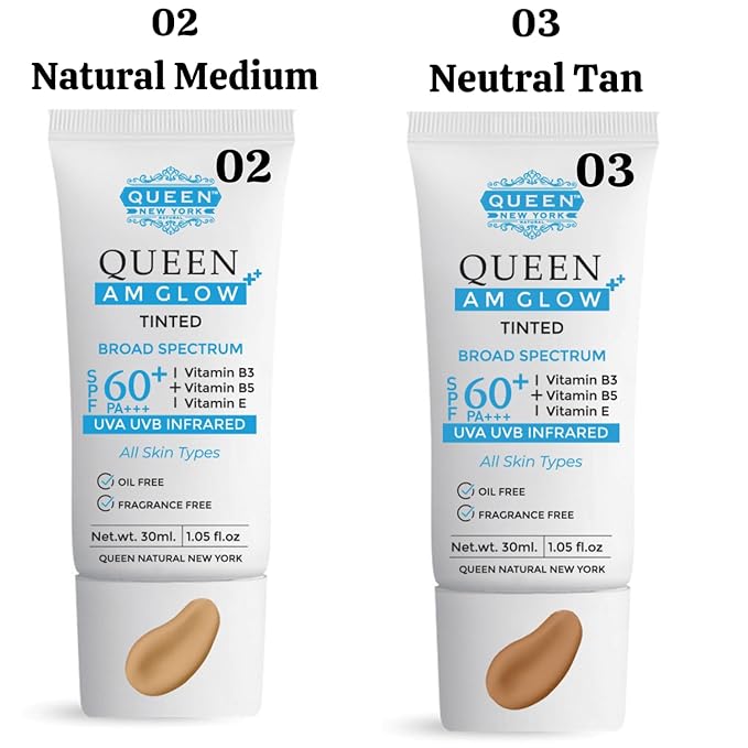 QUEEN AM GLOW | TINTED Sunscreen SPF 60 PA+++Primer-Anti Aging, Face Moisturizer- Vitamin B3, B5, E-fragrance free by QUEEN NATURAL NEW YORK (03-Neutral Tan)