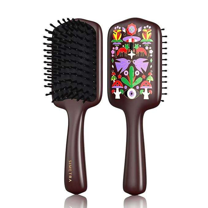 SIMETRA Wooden Paddle Hair Brush Unique Pattern Guinean Ovangkol Hardwood Bristles Hair Brushes for Women Wet Brush Detangling Brush for Scalp Massage for Men Kids for All Hair Types (Fox)