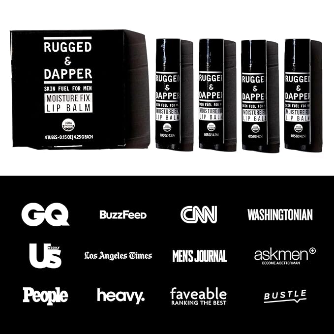 RUGGED & DAPPER Lip Balm for Men - Certified Organic + Natural Ingredients - 4 Pack - Hydrating Mens Chapstick - USA Made