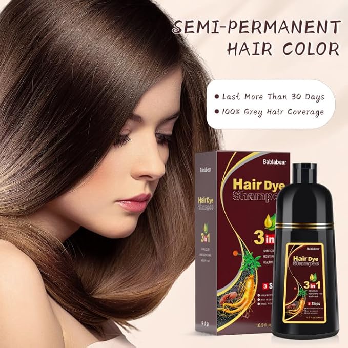 Bablabear Dark Brown Hair Color Shampoo for Gray Hair 500ML Instant Hair Dye Shampoo for Men & Women-3 in 1 Color Shampoo