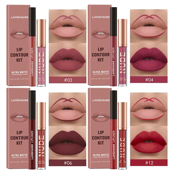 LANGMANNI 4pcs Matte Lipstick with Lipliners Durable Makeup Set,Long-Lasting Non-Stick Cup Not Fade Waterproof Pigmented Velvet Lipgloss Kit Beauty Cosmetics Makeup Gift for Girls(#3+4+6+12)