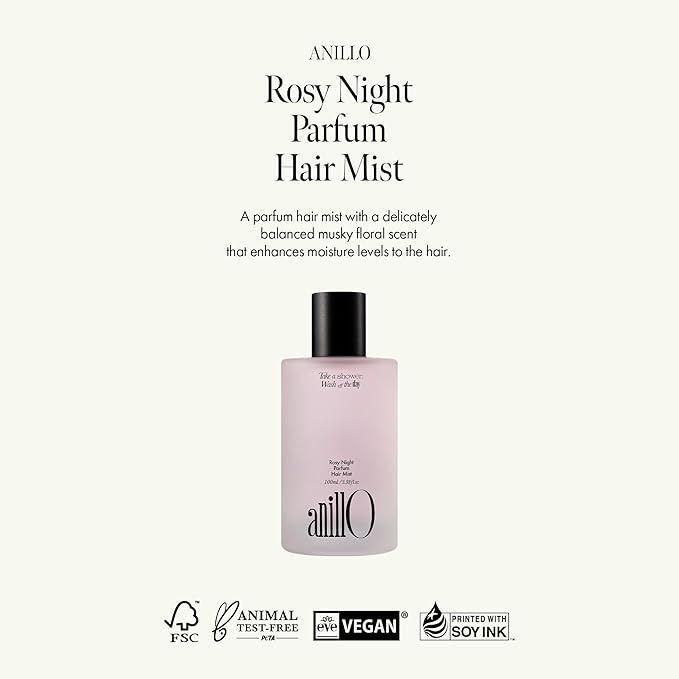 ANILLO Rosy Night Vegan Hair Perfume Long-Lasting Floral Musky Scented with Damask Rose Extract, Rosehip Oil, Peptide Complex for All Hair Type, Free of Silicone & Parabens (3.38 fl. Oz)