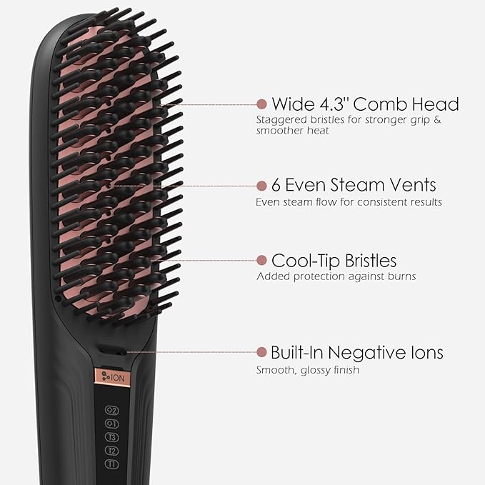 Tome Steam Hair Straightener Brush, 3-in-1 Ionic Straightening Comb with 2 Steam Levels, 3 Heat Settings (356°F–428°F), Dual Voltage 110-240V, Anti-Scald Design for Frizzy & Curly Hair Color Black