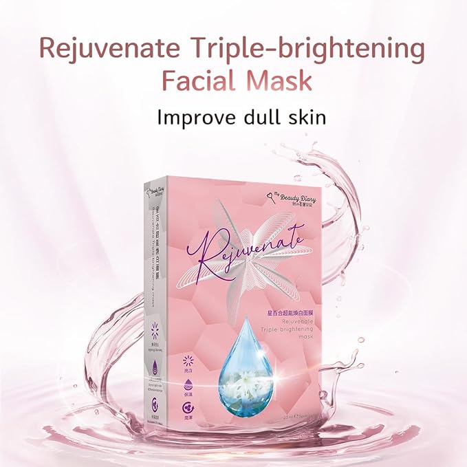 My Beauty Diary Rejuvenate Triple-Brightening Mask, Moisturizing and Nourishing Facial Mask, Restores Radiance. Self Care Face Sheet Mask (5 pcs)