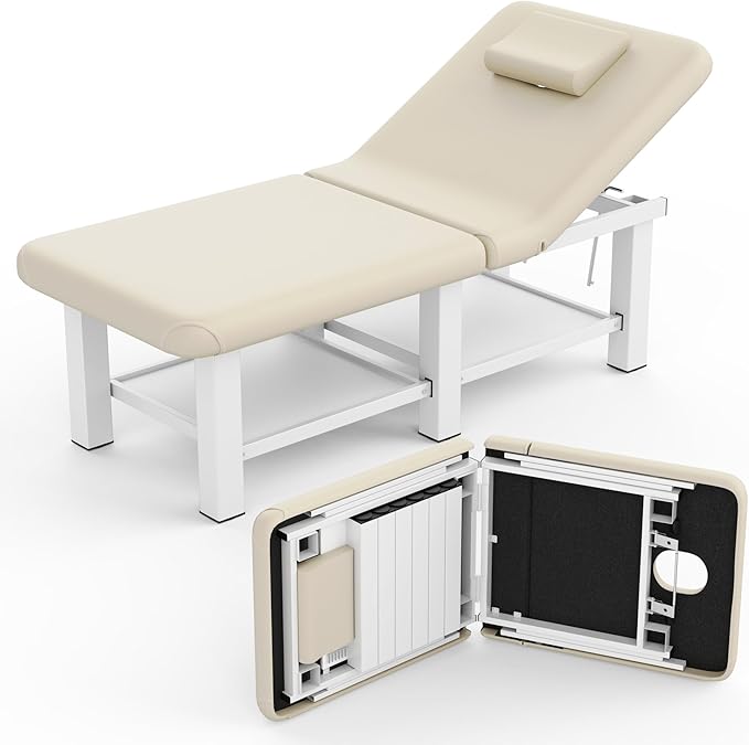 30.5'' Wide × 75'' Long Folding Stationary Massage Table with Backrest and Storage Space for Treatment Table Physical Therapy Table Spa Facial Bed, 6 Square legs, Metal Frame PU Leather - Beige Gray