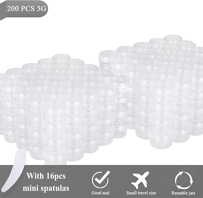 200PCS 5 Gram Sample Containers, 5ml Empty Jars with Lids, Small Cosmetic Containers, Mini Sample Jars with 16PCS Mini Spatulas for Make Up, Oils, Lotion, Powder, Paint, Jewelry, Lip Balms(Clear Lid)
