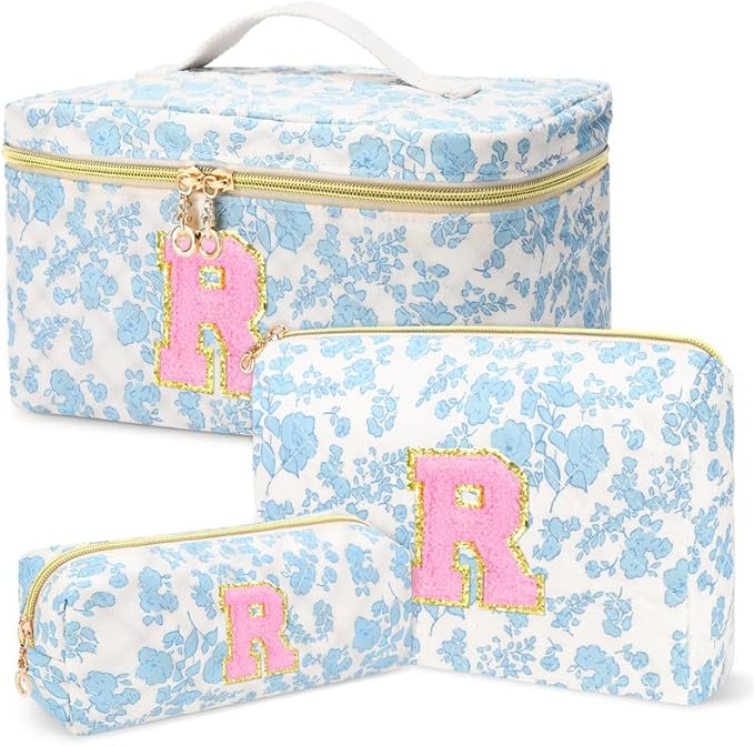 3 PCS Travel Makeup Bag Set, A–Z Initials Cotton Quilted Cosmetic Bag for Women & Preppy, Personalized Toiletry Bag Travel Accessories Makeup Brushes Organizer, Valentine’s Day & Birthday Gift for Her