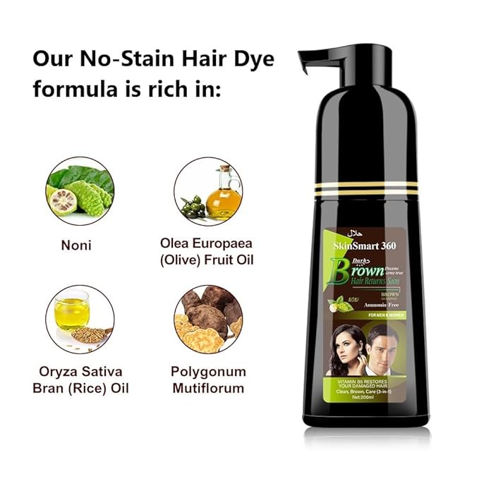 SkinSmart 360® No-Stain Hair Dye Shampoo – Full Gray Coverage for Men & Women, 3-in-1 Color + Cleanse + Condition, Natural Ingredients, Easy No-Mix Formula, 200 mL (Dark Brown)