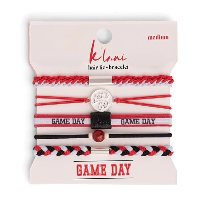 K'lani Game Day Hair Tie Bracelets – 5-Pack Stretchy No-Crease Hair Ties & Stylish Bracelets – Team Color Accessory for Hair or Wrist - Red & White, Large