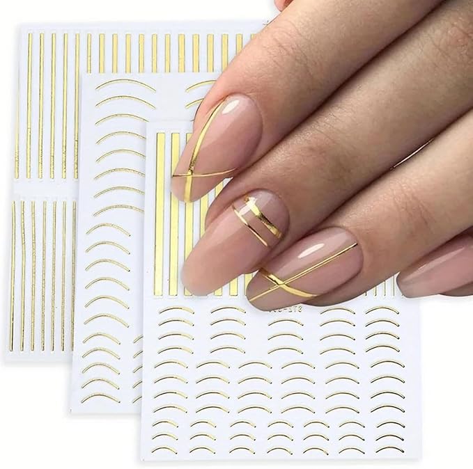 12 Sheets Gold Line Nail Stickers Decals 3D Self Adhesive Nail Decals French Nail Art Sticker Gold Wave Stripe Nail Supplies Accessories for or Women Manicure Tip