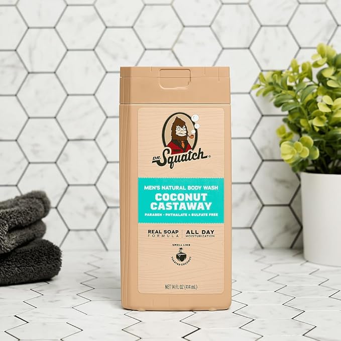 Dr. Squatch NEW Body Wash for Men with Nourishing, Natural Ingredients | No Paraben, Phthalate, Sulfate | Coconut Castaway (14 oz), Wood Barrel Bourbon & Pine Tar (8 oz, 2-Pack) & Body Scrubber