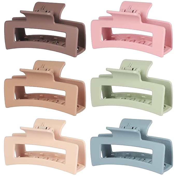 Square Hair Clips 3.5 Inch Medium Claw Clips Rectangle Hair Claw Clips 6 Pack Rubber Paint Jaw Non-Slip Thick Hair Accessories for Women Girls -Brown Colorful