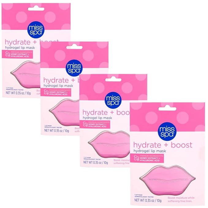 MISS SPA Lip Mask, Hydrate Boost Hydrogel Pink Lip Mask, Sooth Restore Lips, Lip Plumper, Moisturizing And Reducing Fine Lines, Anti-Aging Face Mask Skin Care, Nourishing Honey Lip Patches 4 Pack