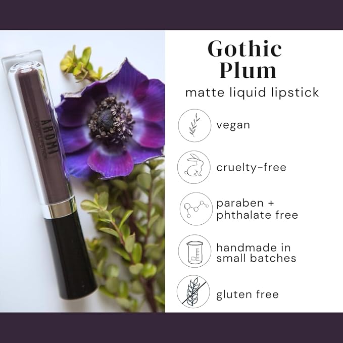 Aromi Matte Liquid Lipstick | Black Plum, Dark Lip Color, Vegan, Cruelty-free, Long-lasting, Opaque, Waterproof, Gluten Free (Gothic Plum)