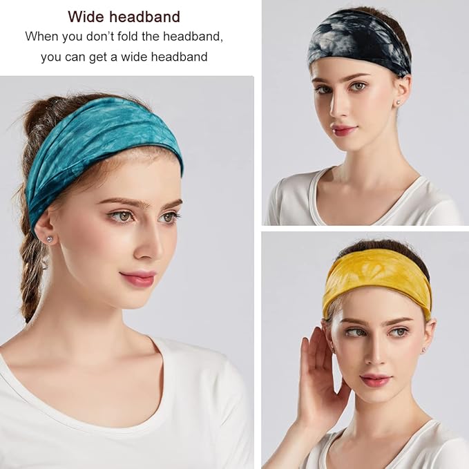 Boho Headbands For Women Fashion Wide Headband Yoga Workout Head Bands Hair Accessories Elastic Tie Dye Band 6 Pack