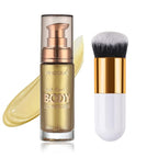 Body Shimmer Oil, Metallic Gold Natural Glow Luminizer, Long Lasting Waterproof Moisturizing Liquid Illuminator Highlighter Makeup for a Sun-Kissed Glow, Brush Include, 1oz, Light