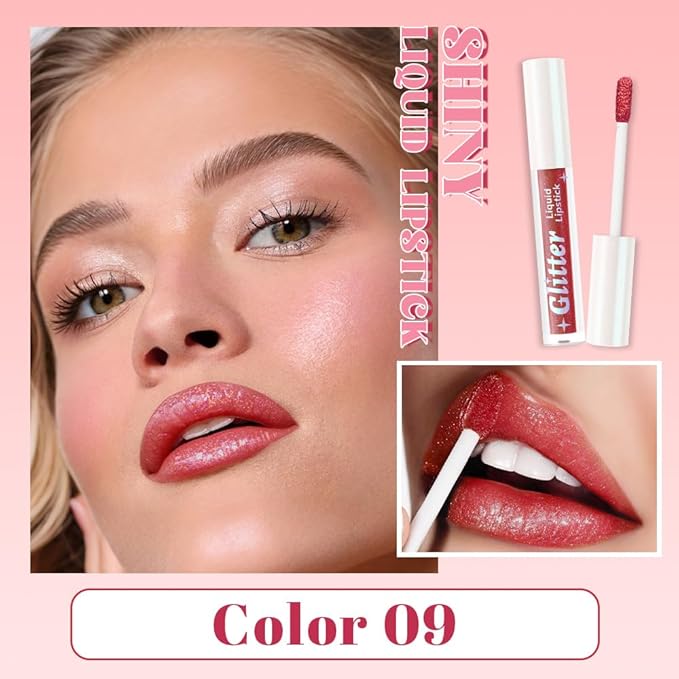 AMY'S DIARY Cherry Red Glitter Liquid Lipstick, Shimmer Metallic Lip Gloss, Long-Lasting Waterproof Lip Color, High Shine Sparkle Makeup,Lip makeup for woman (Sunset Bronze 9#)