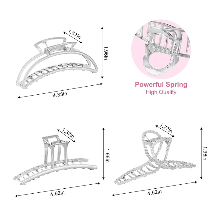 LUKACY 6 Pack Large Metal Hair Claw Clips - 4 Inch, Perfect Big silver claw clips hair clips for Women and Thinner, Thick hair styling,Strong Hold, Fashion Hair Accessories (Style 1 Silver)